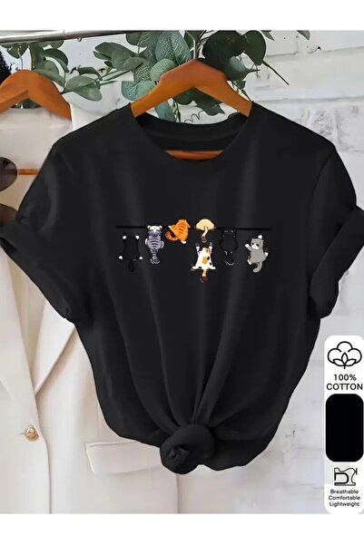 H&GHAMLEGİYİM Kedi Desenli Yazlık Kısa Kollu T-Shirt, %100 Rahat Kadın Giyim