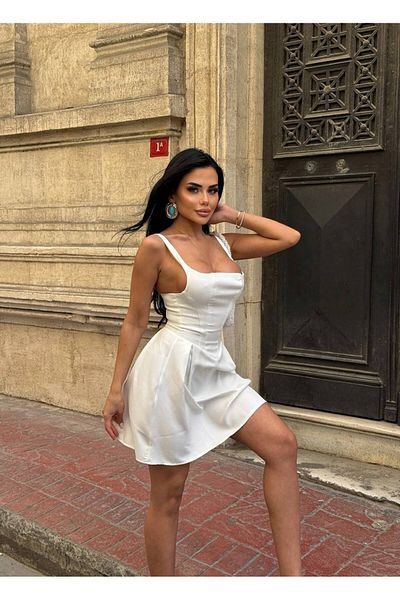 Stil Sepeti Γυναικείο Μίνι Φόρεμα με Λεπτό Γιακά Λευκό Τετράγωνο Φόρεμα ELY-1000954122