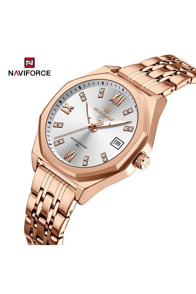 Naviforce Elegant Rose Gold Stainless Steel Men's Watch – White Dial Design