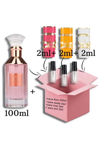 lattafa Velvet Rose 100ml EDP + samples 2ml of (Yara Candy+Yara Tous+Yara Moi)