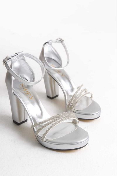 AYDOĞDU by ünal Matt Gray Stone Thick Heel Women's Shoes and Bag