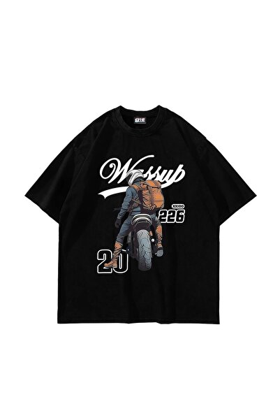 Bak Moda تيشيرت أسود كبير الحجم مطبوع عليه راكب الدراجة النارية للجنسين