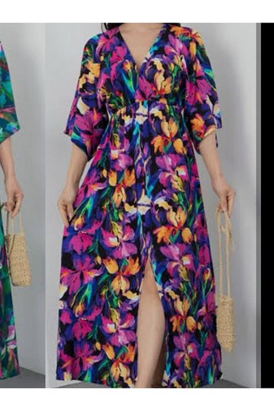 DENİZLİFE Bat Sleeve Waist Elastic Slit Detail Dress