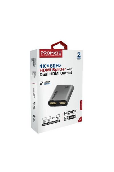 Promate Best 4K Ultra HD Dual Output HDMI Splitter for Audio and Video Signal Transmission with Lightweight Design
