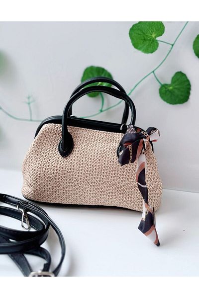h&c bag butik Women's New Season Straw Pattern Scarf Detailed Hand and Shoulder Bag