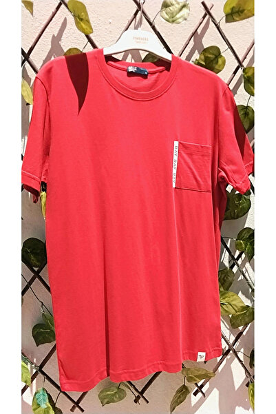 MODA Kremit rengi Premium A kalite yuvarlak yaka cep detaylı bisiklet yaka T-...