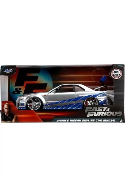 mazıdağı Jada Toys Fast & Furious Brian S 2002 Nissan Skyline R34 Die-Cast Car، مقياس 1:24، فضي وأزرق