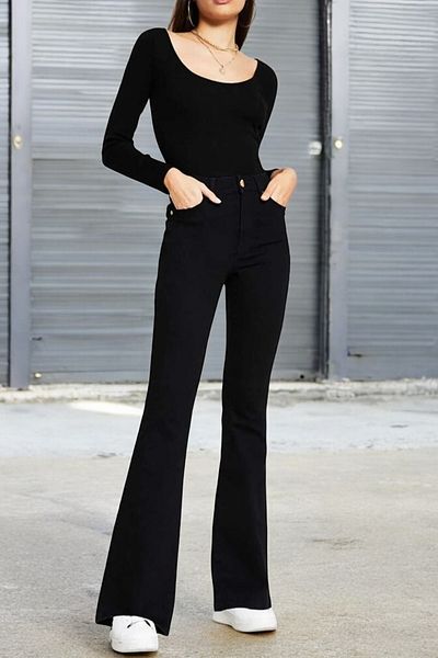 byhaziran butik Bourgeois Black Spanish Leg High Waist Lycra Women's Jeans