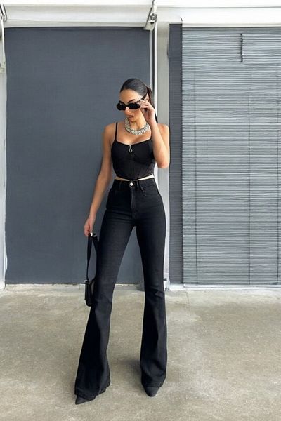 byhaziran butik Gillian Spanish Leg Colorfast Black Stretchy High Waist Denim Pants
