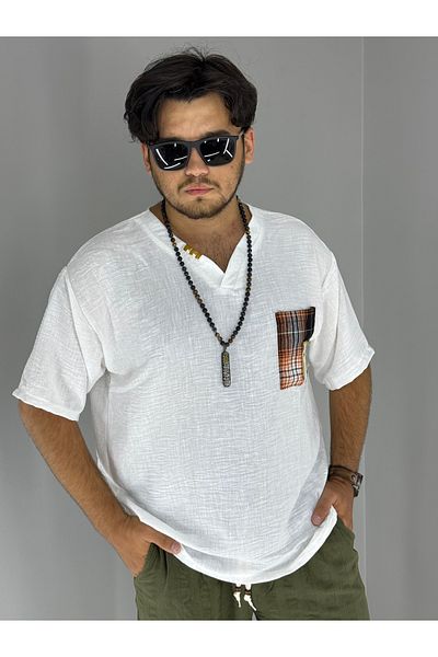 MARESHAL Handmade Collar and Straw Pocket Oversize T-Shirt (White)
