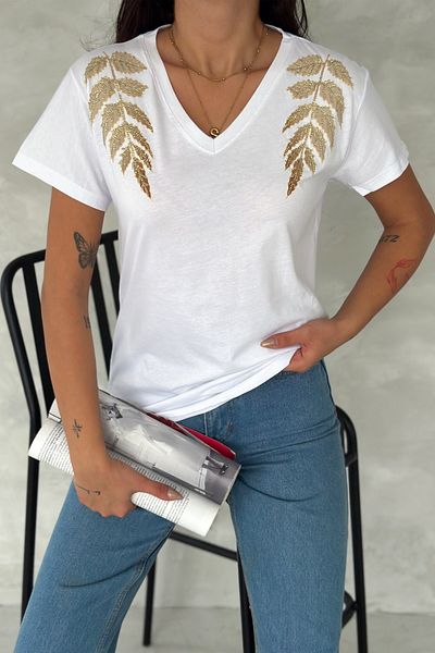 FEMELLE Women's White 100% Cotton T-Shirt V-Neck Shoulder Leaf Sequins and Embroidery Embroidered