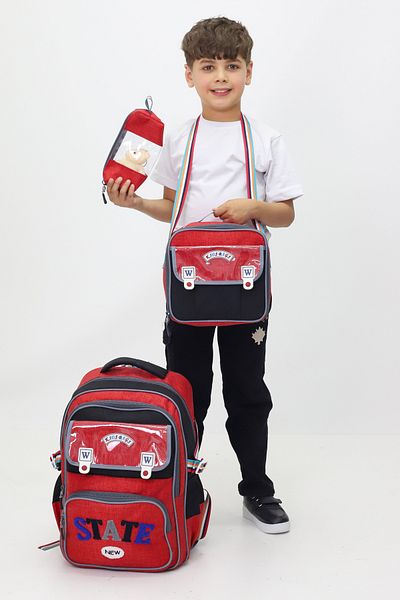 Probag Set de 3 genți pentru copii State Rucsac Cutie de prânz Suport stilou Jucărie de plus pentru școala primară