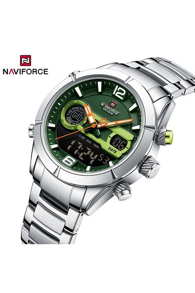 Naviforce Mens Dual Display Chronograph Watch Green Silver Stainless Steel Band Analog Digital Quartz Movement