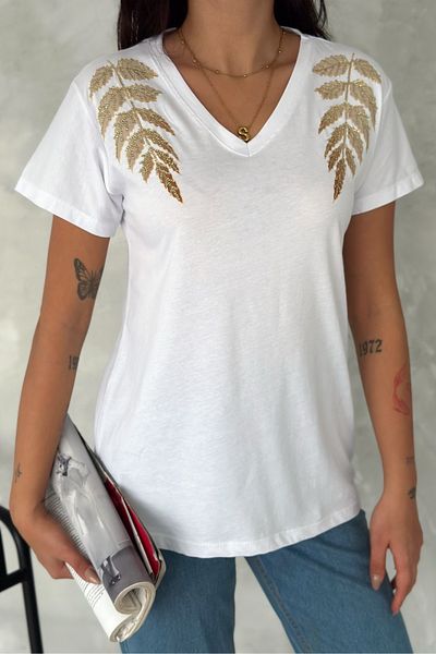 FEMELLE Women's White 100% Cotton T-Shirt V-Neck Shoulder Leaf Sequins and Embroidery Embroidered
