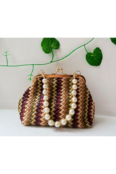 h&c bag butik حقيبة كتف من القماش المنسوج على طراز القش وقفل قبلة للإغلاق للاستخدام اليومي متعدد الاستخدامات