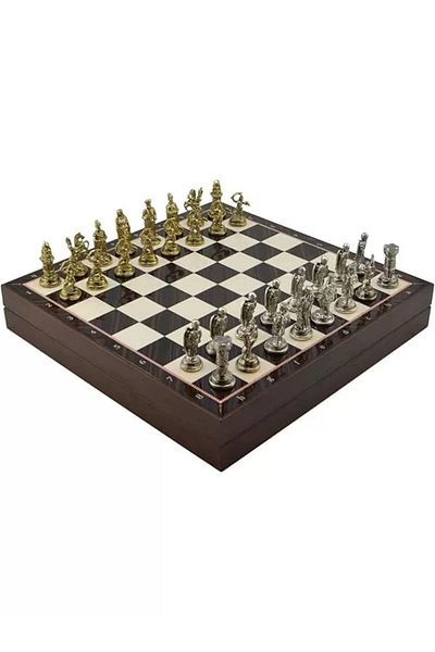 STOREMAX Medium Size Metal Ottoman-Bizantine Chess Set Mdf Board with Shiny and Walnut Pattern Storage