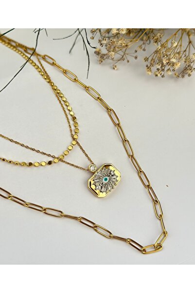 mibrillo Çelik Üçlü Kolye ( Ezme Zincir Kolye , Ataç Zincir Kolye Ve Plaka Üz...