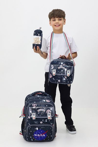 Probag Geanta NASA din 3 piese Rucsac Cutie de prânz Suport stilou Geanta pentru copii pentru școala primară cu cadou jucărie de plus