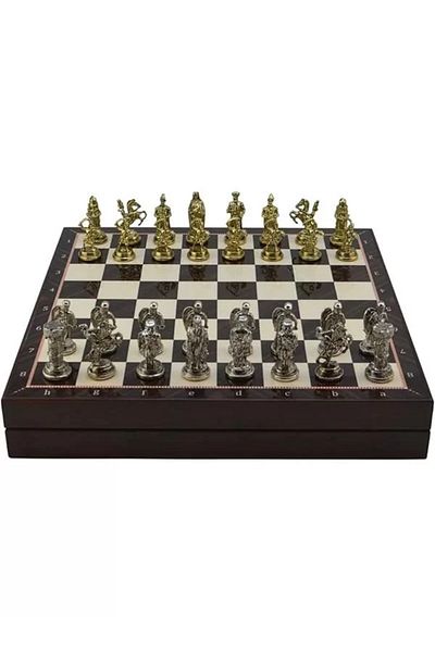 STOREMAX Medium Size Metal Ottoman-Bizantine Chess Set Mdf Board with Shiny and Walnut Pattern Storage