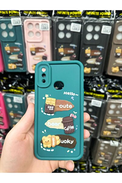 yuscerham Samsung A10S Uyumlu Sevimli Ayıcık ve Kahve Desenli Kabartmalı Kame...