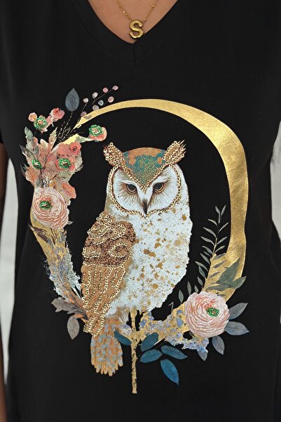 FEMELLE Women's Black 100% Cotton T-Shirt V-Neck Owl Sequins and Embroidery Embroidered