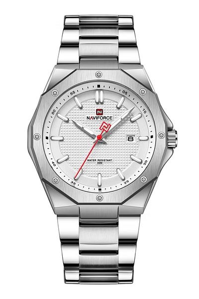 Naviforce Stylish Silver Stainless Steel Analog Quartz Watch for Men White Dial Date Display Water Resistant