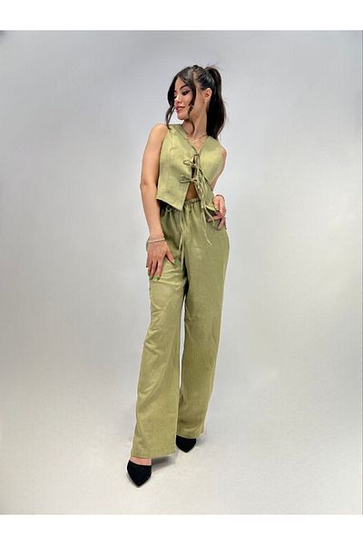 Stil Sepeti Women's Khaki Linen Lace Front Vest Elastic Waist Wide Leg Trousers Suit Drl-1000203012