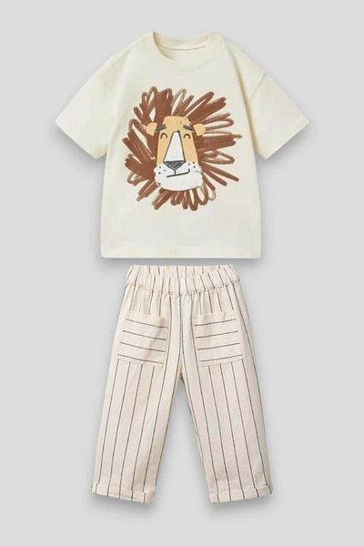 Magu Unisex Kids Cotton Ecru Lion Printed T-Shirt and Striped Pants Set – Summer Set with Pockets
