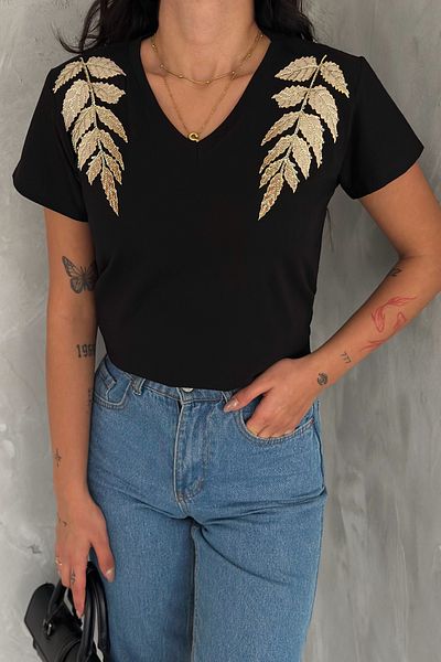 FEMELLE Women's Black 100% Cotton T-Shirt V-Neck Shoulder Leaf Sequins and Embroidery Embroidered