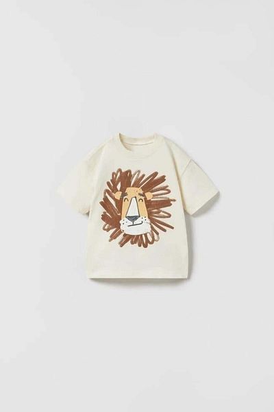 Magu Unisex Kids Cotton Ecru Lion Printed T-Shirt and Striped Pants Set – Summer Set with Pockets
