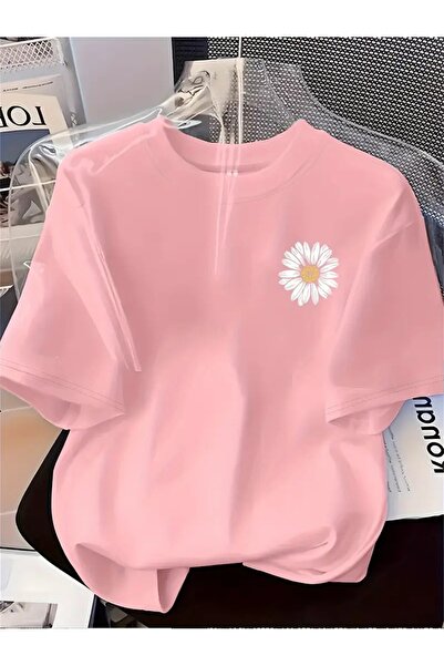 H&GHAMLEGİYİM papatya desenli tişört - Rahat yuvarlak yaka, kısa kollu