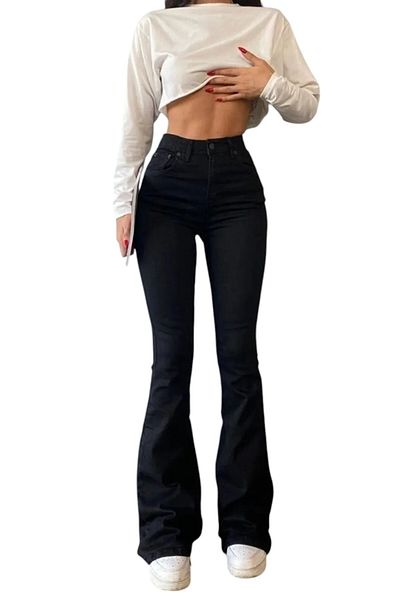 byhaziran butik Shub Spanish Leg Colorfast Black Stretchy High Waist Denim Pants