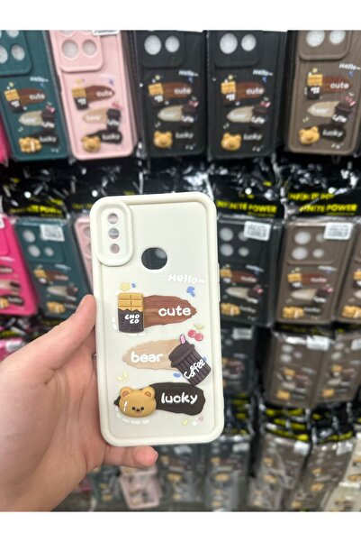 yuscerham Samsung A10S Uyumlu Sevimli Ayıcık ve Kahve Desenli Kabartmalı Kame...