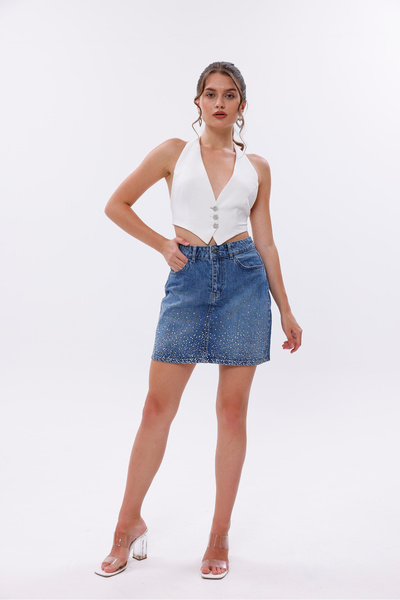 Eseclass KADIN YÜKSEK BEL MİNİ KOT ETEK TAŞ BASKILI