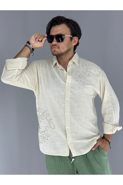 MARESHAL 100% Cotton Oversize Shirt with Embossed Embroidery Detail (Beige)