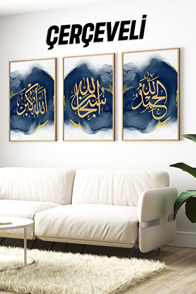 kutuTR ✨ Çam Çerçeveli Lacivert Zeminli 3’lü Hat Sanatı Tablo Seti ✨ CRV1069