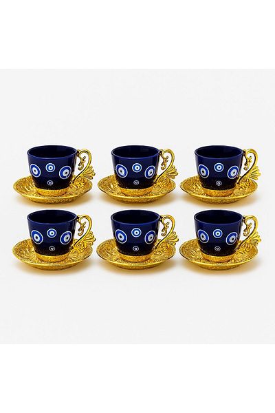 FAIR HOME Evil Eye Bead Patterned Blue Color Gold Coffee Set with Handle and Plate