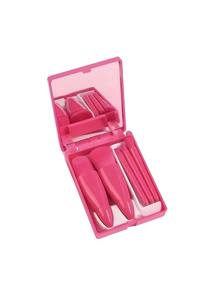 Tim Set 5 Mini Pensule de Machiaj, Timacon, Portabile, Carcasa cu Oglinda, Fucsia, 12x7x2.5 cm