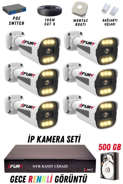 FURY 6 Kameralı Ip Güvenlik Kamerası Seti 4mp Gece Renkli Su Geçirmez 1506 500GB