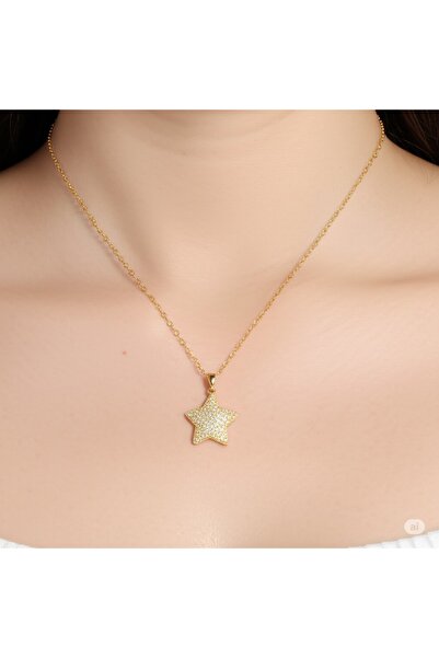 FAMEMUS ACCESSORY قلادة نسائية من حجر الزركون الصلب موديل نجمة ذهبية اللون (1...