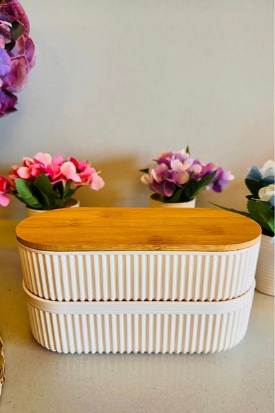 Makri Double Bamboo Lid Storage and Nutrition Box – 2 Layers, 20 X 9 X 5.5 cm (2 Pieces)