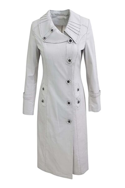 İLİ İ01311 Kadın Keten Önü Düğmeli Trençkot - Taş - ST01311-Taş-42