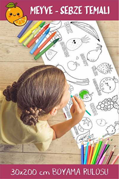 Piksel Grafik Meyve Sebze Temalı Dev Rulo Boyama Kağıdı – 2 m × 30 cm | Çocuk...