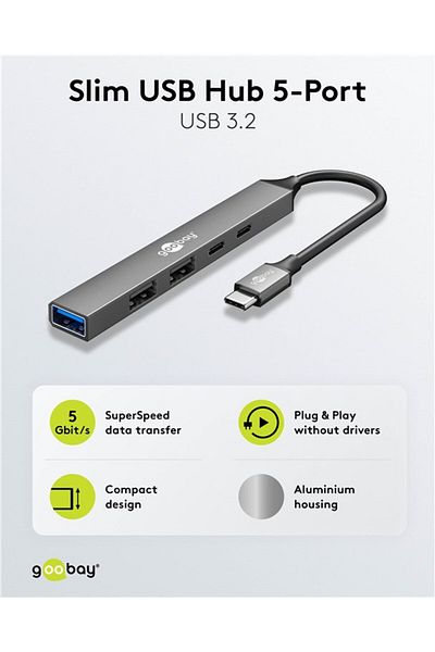 goobay Slim 5-Port USB Hub, USB-C to USB-C/USB-A, 5 Gbit/s | 74460