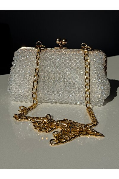 begüm jewelery ŞEFFAF PARLAK KRİSTAL TAŞLARLA İŞLENMİŞ İÇİ ASTARLI KLİPSLİ TASARIM ABİYE ÇANTA
