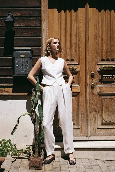 Sateen Casual Linen Trousers - Ecru