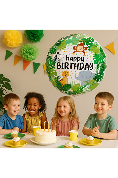 Genel Markalar 🦒 Safari Hayvanlar Temalı Yuvarlak Folyo Balon – 18 İnç – Happy Birthday Yazılı