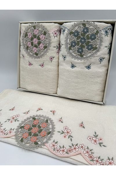 AYHANHOME 3 Pieces Velvet Luxury French Guipure Embroidered Boxed Dowry 50X90 Hand and Face Towels