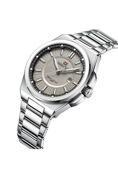 Naviforce Men Silver Stainless Steel Watch with Gray Textured Dial Elegant Analog Wristwatch