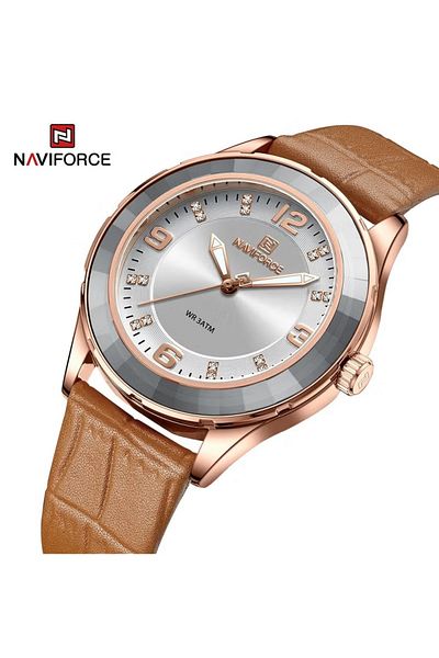 Naviforce Classic and Sophisticated Brown Leather Analog Wrist Watch with Water Resistance and Elegant Design